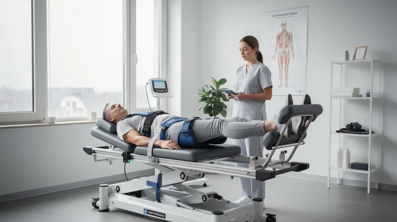 A person is lying on a spinal decompression table in a bright, modern clinic, receiving spinal decompression therapy to relieve pressure on their spinal discs. This non-surgical treatment aims to improve spinal health and may help patients dealing with conditions like degenerative disc disease or spinal stenosis.