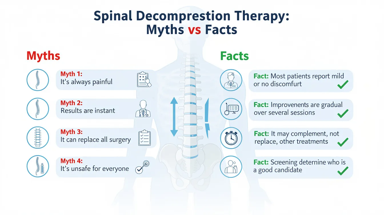 This infographic-style comparison highlights common myths and clinical facts about spinal decompression therapy, emphasizing how it can effectively relieve chronic back and neck pain caused by herniated or bulging discs. It aims to clarify misconceptions regarding the safety and effectiveness of non-surgical spinal decompression as a treatment option for spinal health.