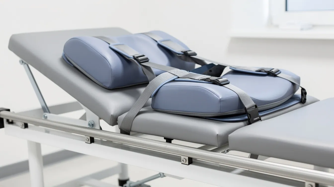 The image features a close-up of a modern decompression table equipped with supportive cushions and a comfortable harness, designed for spinal decompression therapy. This setup is intended to provide patients with a gentle stretching sensation during their first spinal decompression session, aiming to alleviate chronic back and neck pain while promoting relaxation and pain relief.