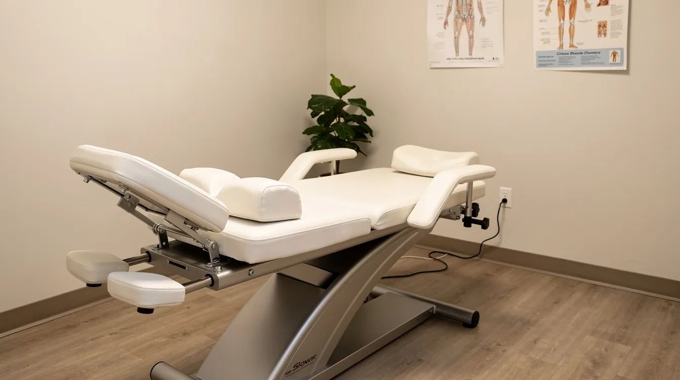 The image depicts a serene treatment room featuring a modern decompression table surrounded by supportive cushions, designed for spinal decompression therapy. This space is equipped to provide a comfortable environment for patients seeking relief from chronic back and neck pain through non-invasive decompression sessions.