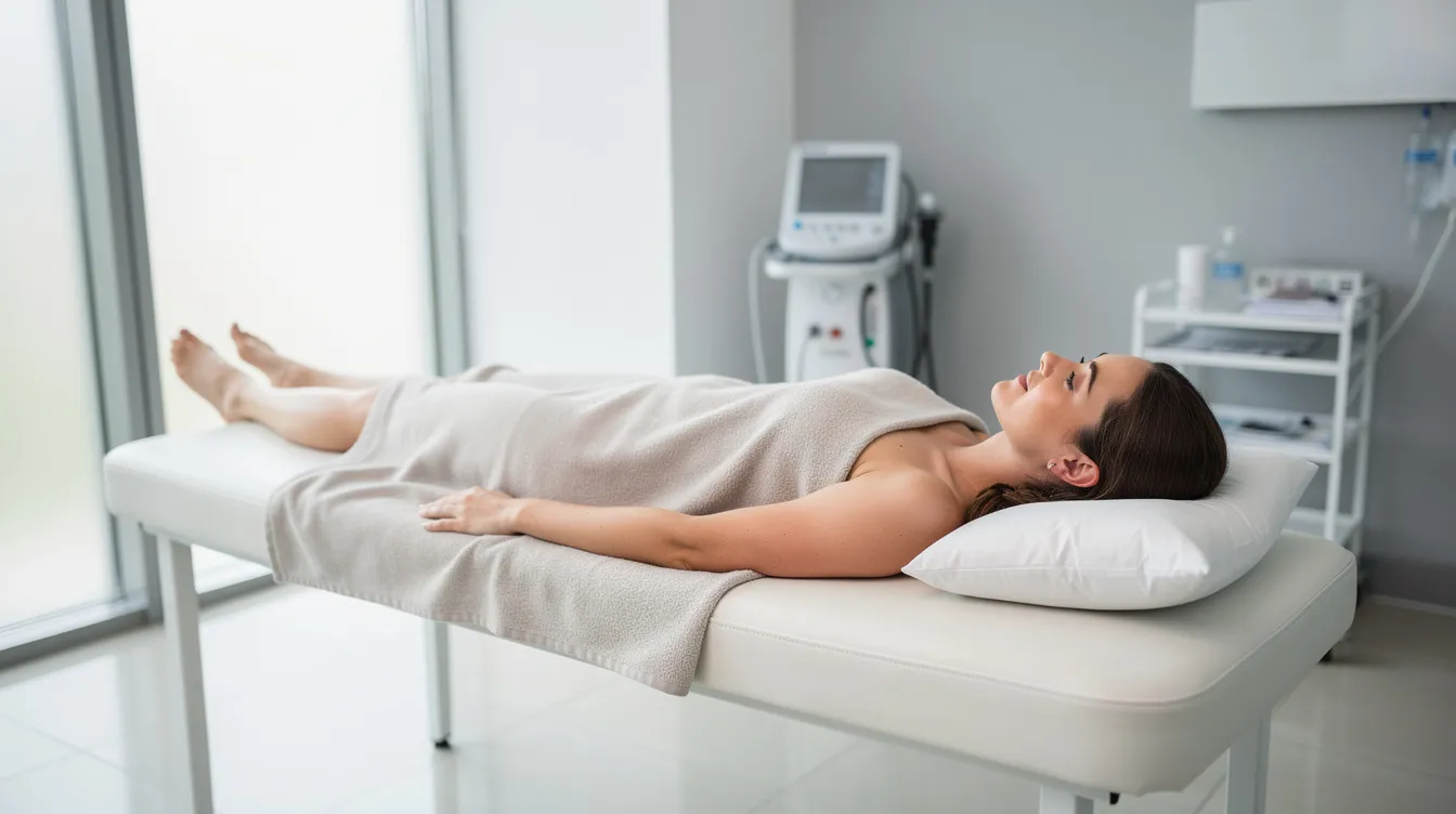 A relaxed patient lies comfortably on a treatment table in a bright clinical setting, ready for spinal decompression therapy, which may help relieve pressure on compressed nerve roots and alleviate symptoms of chronic back pain or leg pain sciatica. The atmosphere suggests a focus on natural healing and improving mobility through non-surgical treatment options.