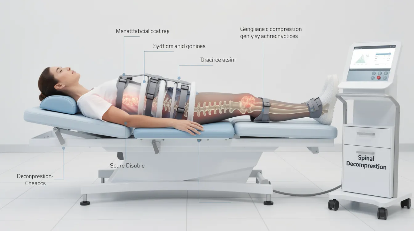 The image depicts a person lying on a spinal decompression therapy table, secured with a harness system that gently stretches their spine to alleviate spinal compression. This therapy aims to improve spinal health and alignment, potentially leading to temporary height increases and better posture.