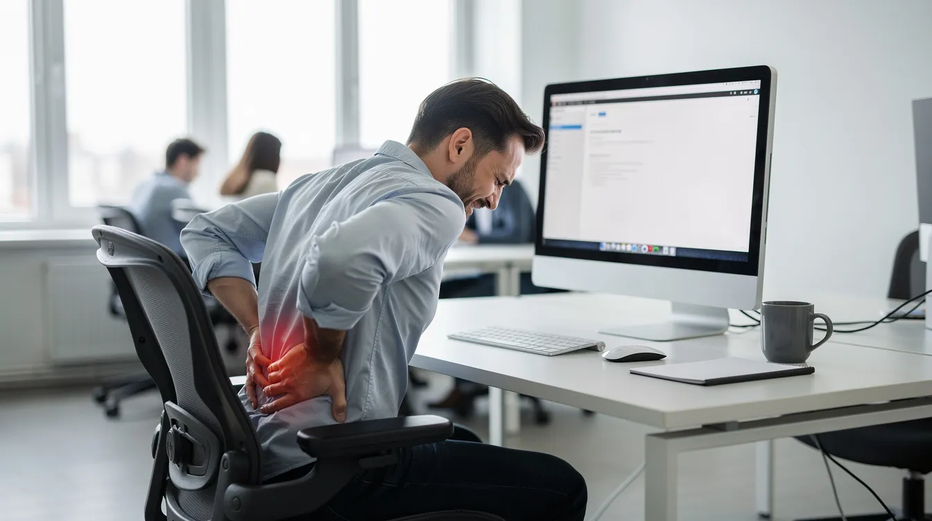 A person sits at a modern office desk, visibly uncomfortable due to lower back pain, suggesting potential issues like a herniated disc or nerve irritation. This scene reflects the common signs of chronic back pain that may indicate a need for spinal decompression therapy to relieve pressure and promote healing.
