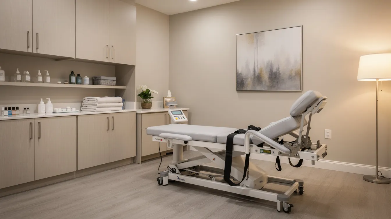 The image depicts a calm treatment room featuring a specialized traction table designed for spinal decompression therapy, complemented by soft, comfortable lighting to create a soothing atmosphere. This environment is ideal for patients seeking relief from conditions such as chronic back pain, leg pain, or herniated discs through non-surgical spinal decompression methods.