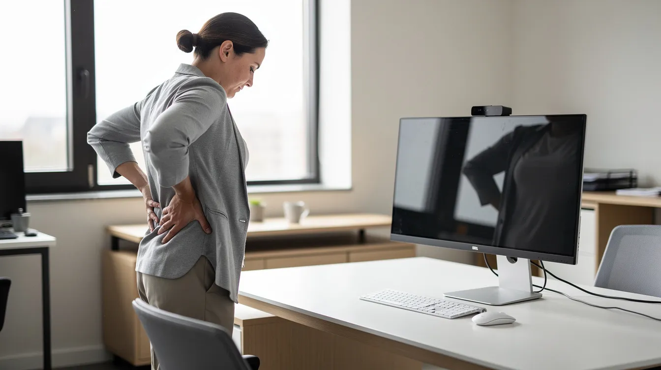 A person stands beside a modern office desk, stretching their back to alleviate tension and promote spinal health after hours of desk work. This movement helps counteract the effects of poor posture and prolonged sitting, aiding in overall well-being for office workers.