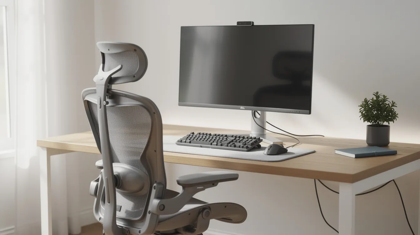 The image depicts an ergonomic desk setup featuring a monitor positioned at eye level and a supportive office chair, all situated in a bright and inviting workspace. This arrangement promotes spinal health and comfort, potentially aiding in pain relief for individuals with chronic back pain or conditions like spinal stenosis.