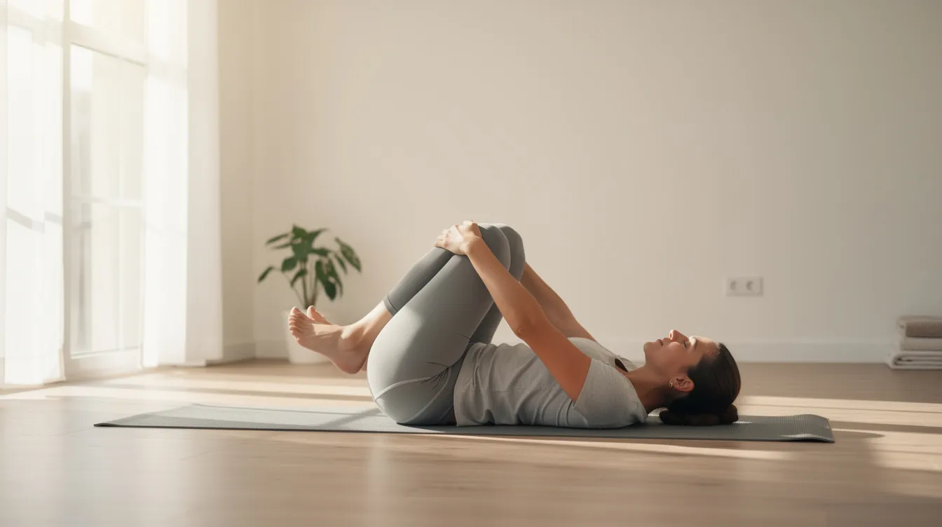 A person is gently stretching their spine on a yoga mat in a bright room, promoting spinal health and alleviating discomfort often caused by prolonged sitting at a desk job. This stretch helps counteract poor posture and tension in the neck and shoulders, essential for office workers seeking relief from chronic pain and muscle imbalances.