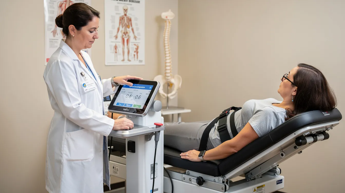 A qualified chiropractor is adjusting the settings on a specialized spinal decompression machine while discussing treatment options with a patient. This non-invasive therapy aims to relieve pressure on spinal discs, providing significant pain relief for conditions like herniated discs and chronic back pain.