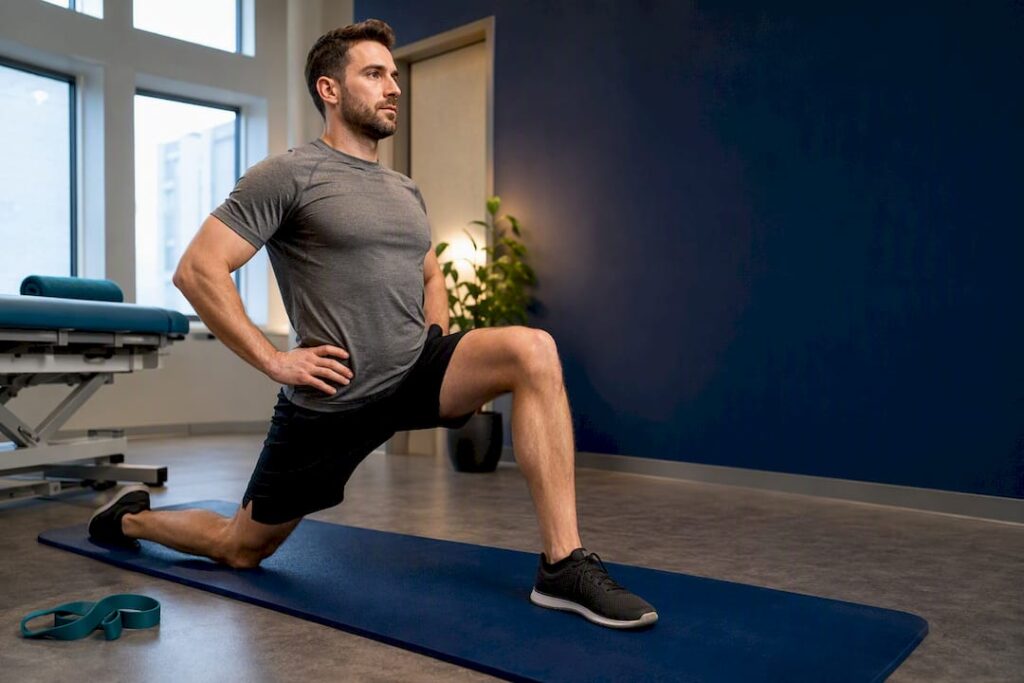 Adult performing controlled hip flexor stretch