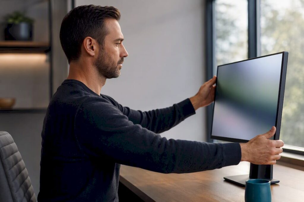 Worker viewing monitor at correct height