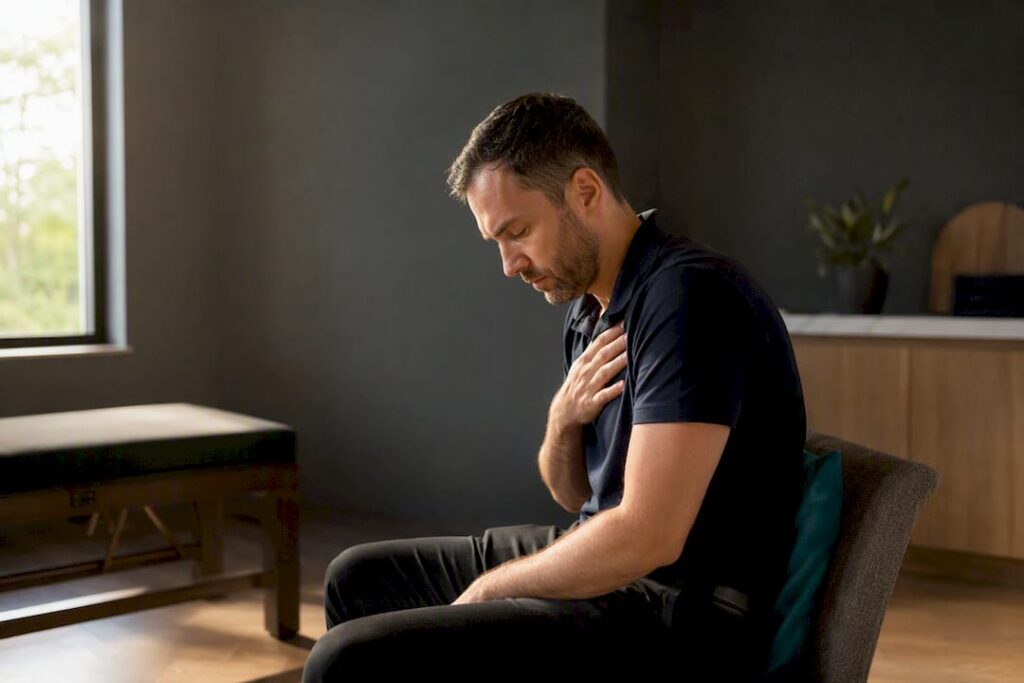 Slouched seated adult with hand on chest