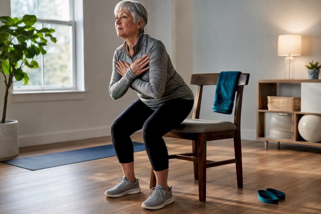 Older adult performing controlled sit-to-stand exercise