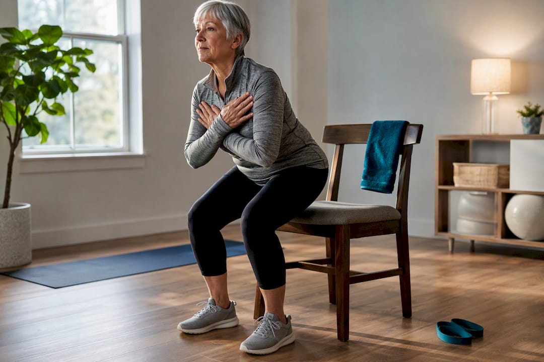 Older adult performing controlled sit-to-stand exercise