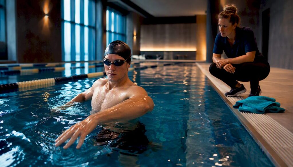 Swimmer performing supervised shoulder rehabilitation