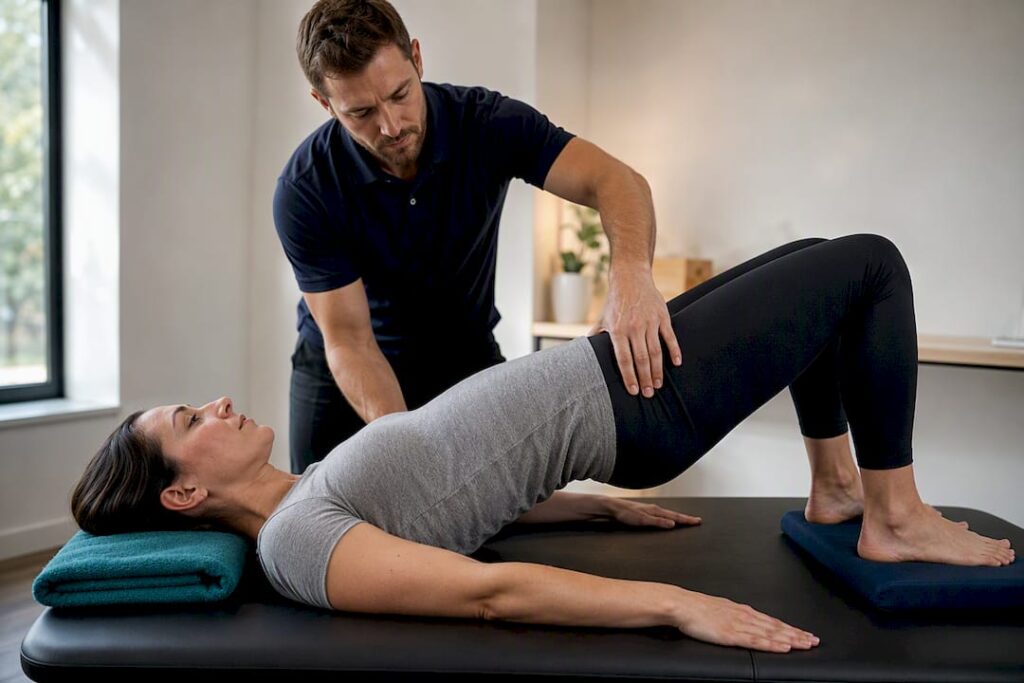 Chiropractor guiding pelvic stabilization exercise