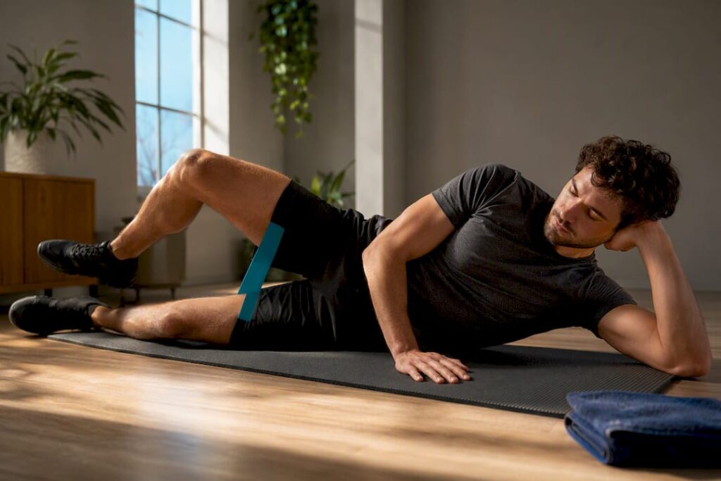 Runner performing side-lying clamshell exercise