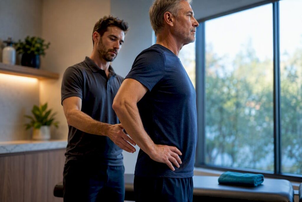 Clinician assessing patient posture in clinic