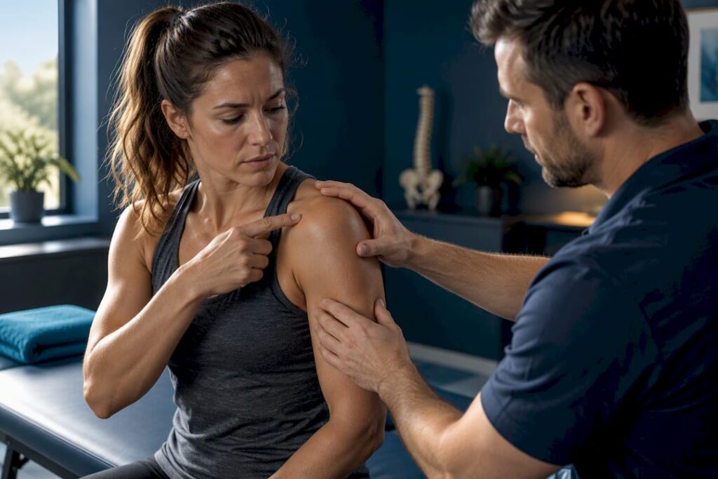 Clinician examining painful shoulder