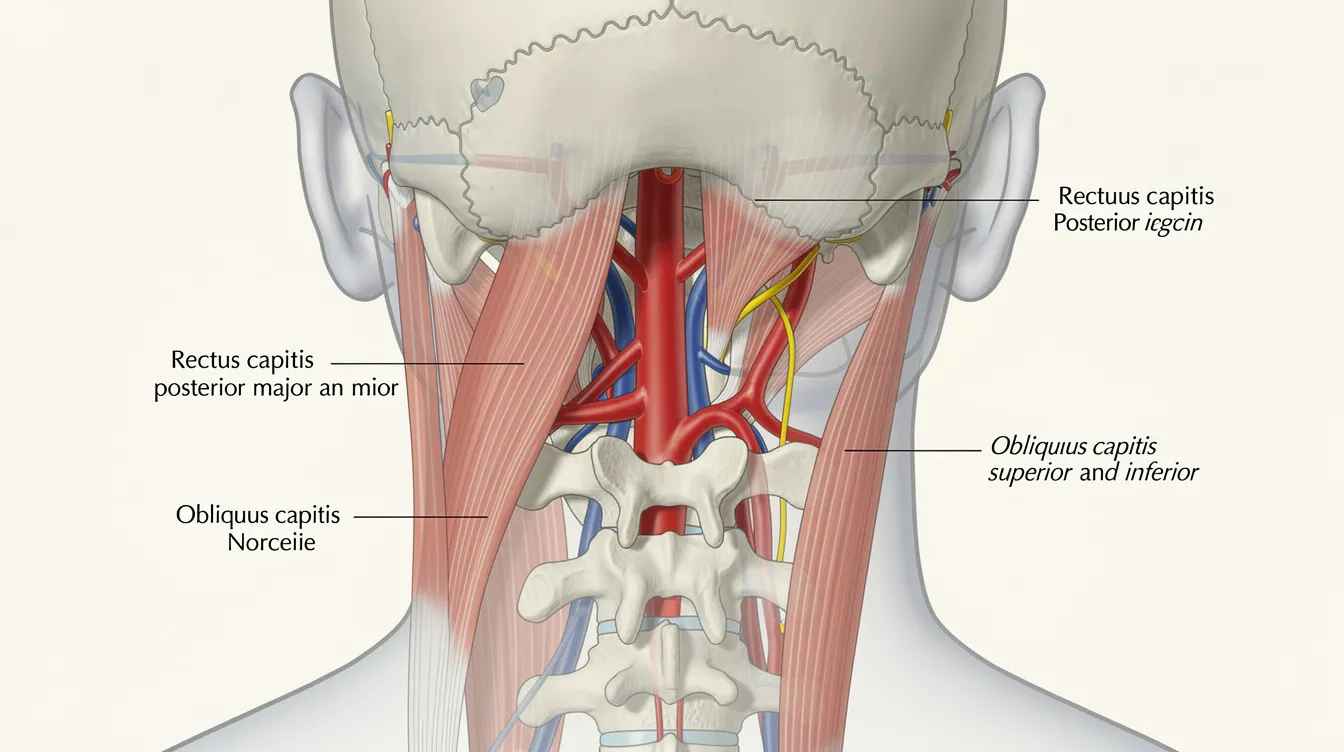 The image depicts an anatomical view of the upper cervical vertebrae and the base of the skull, highlighting the suboccipital muscle region. This detailed illustration helps in understanding the relationship between neck pain, tension headaches, and the cervical spine, emphasizing how muscle tension and nerve irritation can lead to cervicogenic headaches.