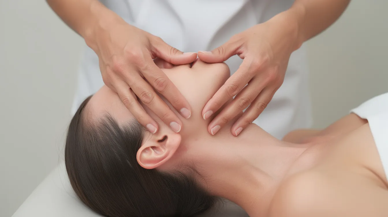 The image shows a close-up of a practitioner's fingers positioned beneath the base of the skull, focusing on suboccipital palpation to assess muscle tension and potential nerve irritation related to neck pain and cervicogenic headaches. This technique aims to relieve headaches caused by tight muscles and improve blood flow to the upper cervical spine.