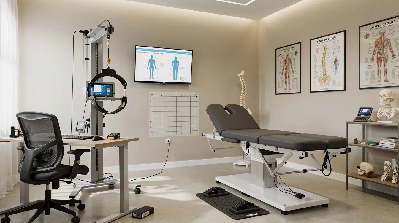 The image depicts a chiropractic clinic consultation room featuring a decompression table for spinal decompression therapy, alongside ergonomic assessment tools. This environment is designed to support patients seeking relief from neck pain, back pain, and conditions like herniated discs through non-surgical spinal decompression methods.
