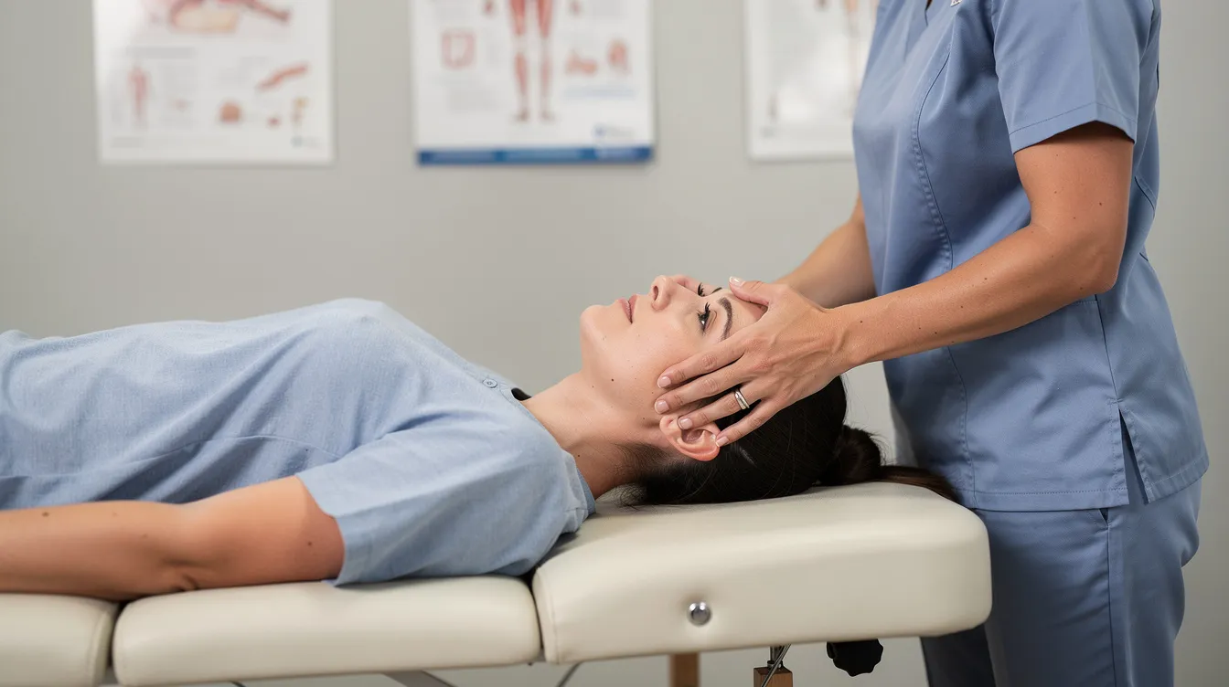 A patient lies supine on a treatment table in a clinical setting, receiving gentle cervical decompression traction aimed at alleviating tension in the neck muscles and reducing neck pain associated with cervicogenic headaches. The procedure focuses on relieving headaches and improving blood flow to the upper cervical spine, addressing the root cause of chronic pain and muscle strain.