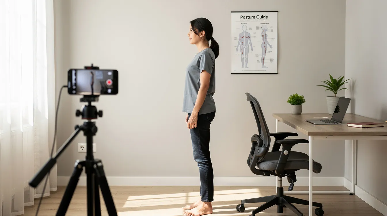 A person is taking a side-view posture photo while standing in their home office, using a phone mounted on a tripod. This setup highlights the importance of proper workstation ergonomics to alleviate neck pain and maintain cervical decompression results, especially for office workers who experience discomfort from prolonged sitting.