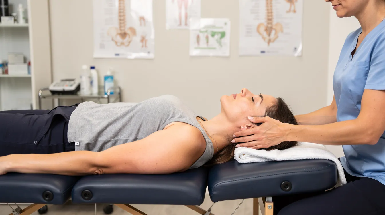 The image depicts a patient lying comfortably in a supine position while receiving suboccipital release therapy in a professional chiropractic clinic, aimed at alleviating neck tension and headaches. This technique targets the upper cervical spine and suboccipital muscles to relieve headaches caused by muscle strain and nerve irritation at the base of the skull.