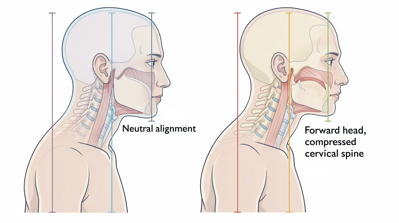 The image illustrates a comparison between neutral upper cervical alignment and a forward head compressed posture, highlighting the impact of poor posture on the cervical spine and neck muscles. This visual representation aims to show how forward head posture can lead to neck pain, tension headaches, and referred pain at the base of the skull, while proper alignment may help alleviate these symptoms.