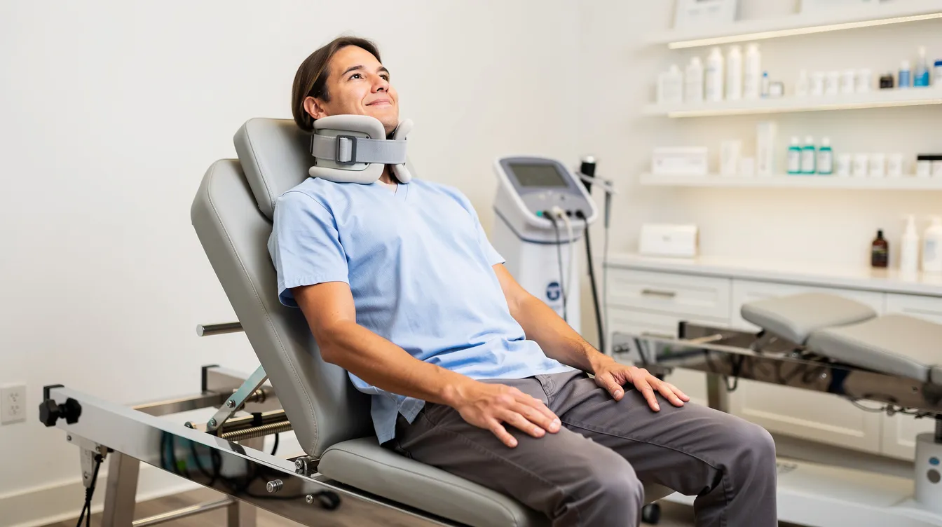 The image shows a person comfortably seated on a chiropractic decompression table with a cervical harness in a modern clinic, designed to provide pain relief for conditions such as chronic back pain and cervical radiculopathy. This non-surgical treatment aims to relieve pressure on the spine and surrounding nerves, offering an effective alternative to invasive procedures like spinal surgery.
