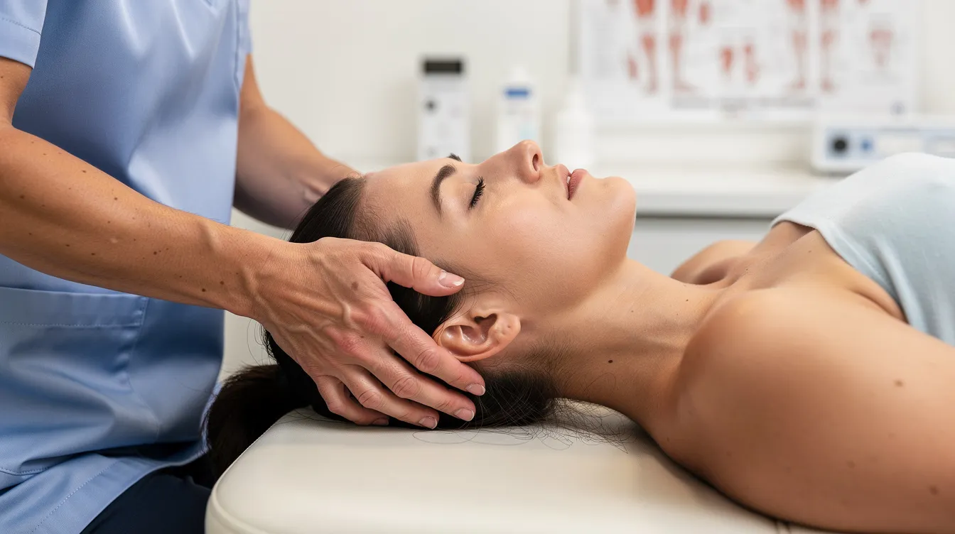 The image depicts a practitioner performing the suboccipital release technique on a patient lying supine, focusing on the base of the skull to alleviate tension and reduce neck pain. This manual therapy aims to relieve headaches caused by cervicogenic headaches and muscle tension in the upper cervical spine.