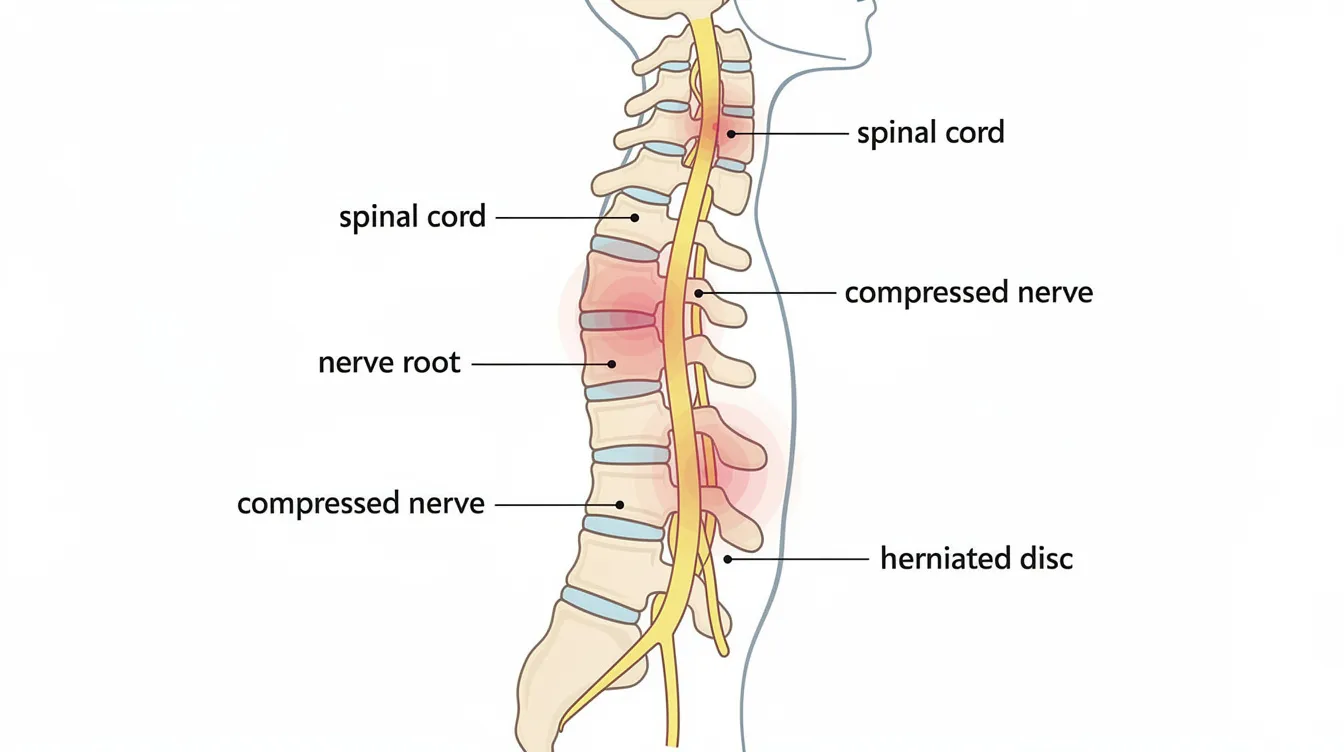This simplified illustration depicts a spine with highlighted areas of the spinal cord, nerve roots, and potential compression points, emphasizing the importance of chiropractic care in addressing musculoskeletal disorders and promoting overall health. The image serves as a visual representation of how spinal adjustments can alleviate joint pain and muscle tension, contributing to improved mobility and well-being.