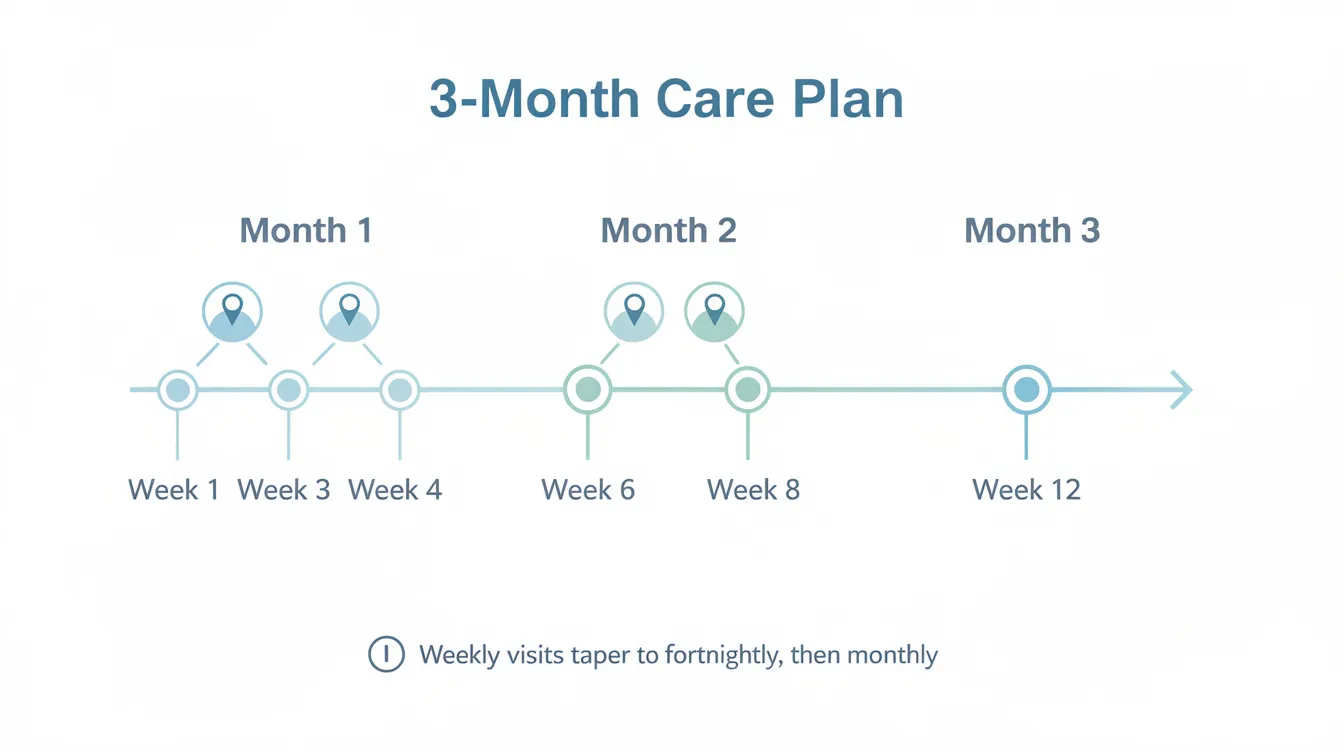 The image depicts a simple timeline graphic illustrating a three-month care plan, where weekly visits gradually transition to fortnightly and then monthly appointments. This visual representation emphasizes the wellness journey at ActiveLife Chiropractic, showcasing the expected results over time.