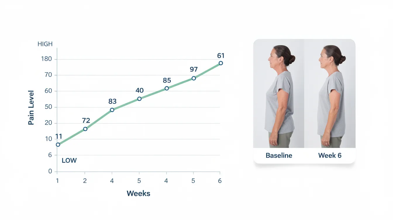 The image displays a simple progress chart illustrating pain reduction over six weeks, accompanied by posture comparison photos showing the patient's alignment at baseline and week six. This visual representation highlights the effectiveness of chiropractic care in alleviating discomfort and promoting optimal health.