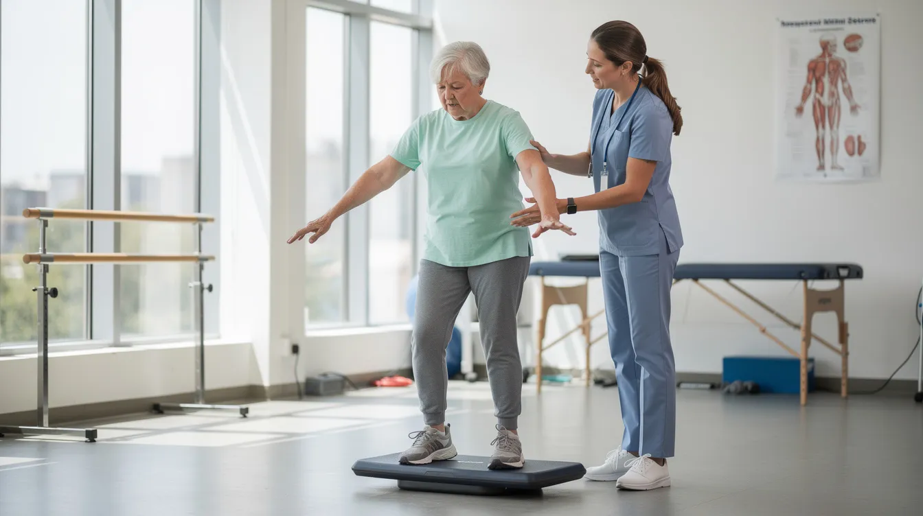 An older adult is engaged in balance drills under the gentle guidance of a practitioner in a clinic setting, showcasing the supportive environment of Active Life Chiropractic. This scene emphasizes wellness and the positive experience of patients seeking improved balance and results.