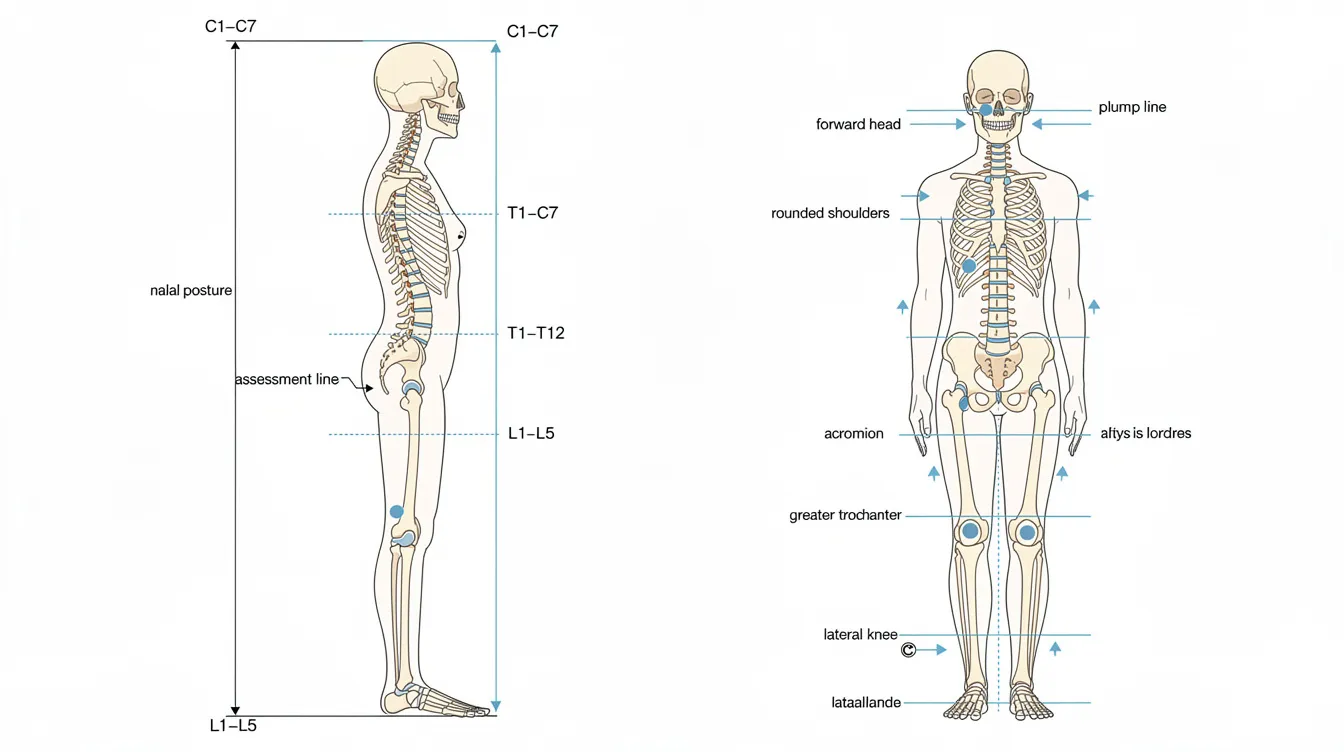 The image features an anatomical diagram illustrating the alignment of spinal vertebrae along with key points for posture assessment. This visual aids in understanding how proper alignment can impact movement and alleviate pain, highlighting the importance of adjustments in therapies like those offered by Healing Hands in locations such as Hougang and Ang Mo Kio.