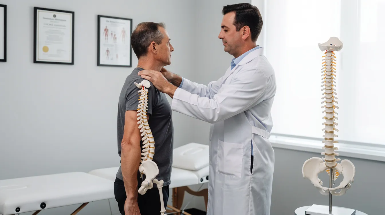 A chiropractor is examining a patient's posture in a clean clinical setting, with a spine model displayed prominently. This scene emphasizes the importance of assessing posture and movement for effective pain relief and treatment at Healing Hands in Hougang.