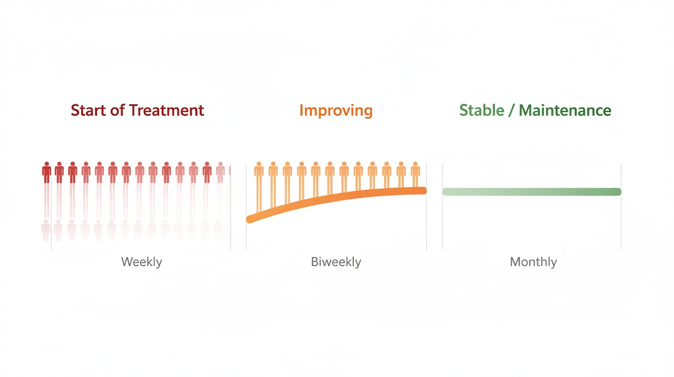 The image depicts a simple timeline illustrating the decreasing frequency of chiropractic visits as the patient experiences improvements in their joint pain and overall health. This visual representation emphasizes the effectiveness of chiropractic care in enhancing the patient's well-being through spinal adjustments and rehabilitative exercises.