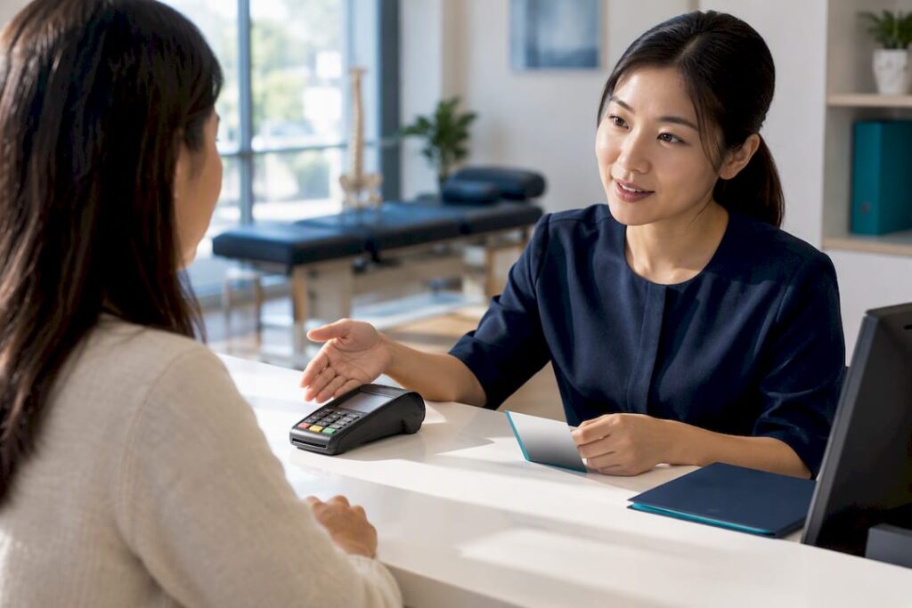 Patient discussing chiropractic payment options