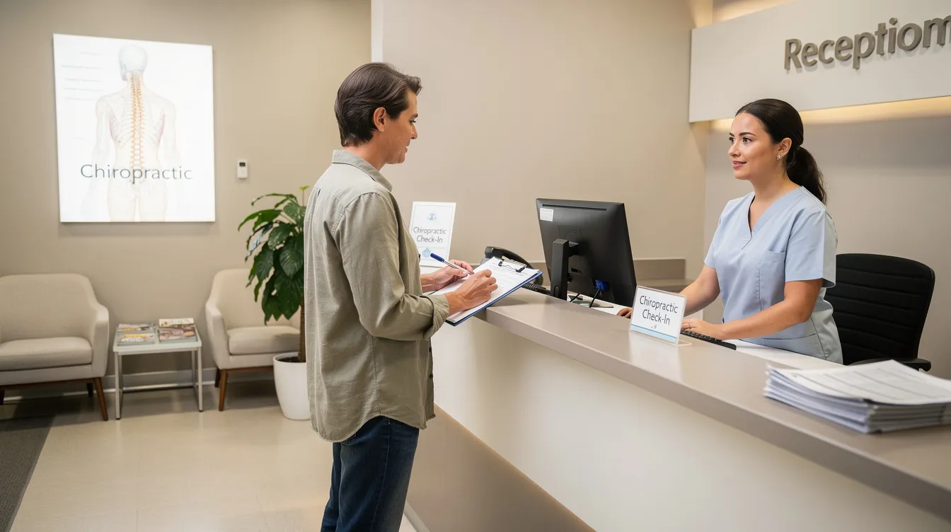 The image depicts a welcoming clinic reception area at Total Health Chiropractic, where a patient is checking in for their first visit, possibly for a spinal examination related to issues like shoulder pain or slipped disc. The space is designed to support patients' health and well-being, reflecting the clinic's commitment to chiropractic care in Singapore.
