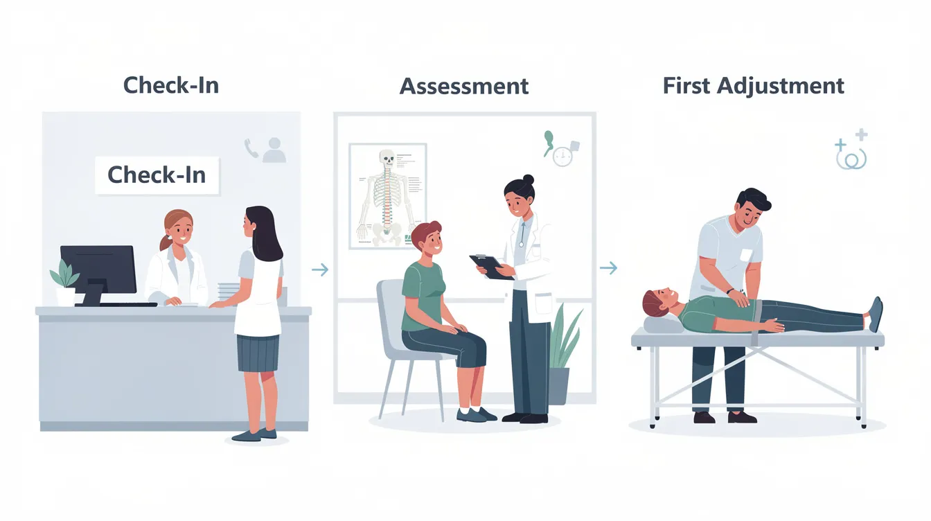 The image illustrates the patient journey at Healing Hands, depicting various stages from check-in to assessment and the first adjustment. It emphasizes the process of addressing pain and improving posture through tailored treatment, showcasing the commitment to changing lives one adjustment at a time.