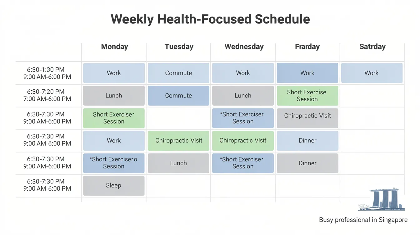 The image depicts a sample weekly schedule for a busy Singapore professional, highlighting chiropractic visits at Active Life Chiropractic Pte and short exercise sessions throughout the week, including activities planned for Friday. It emphasizes a balanced approach to wellness and results in maintaining an active lifestyle.