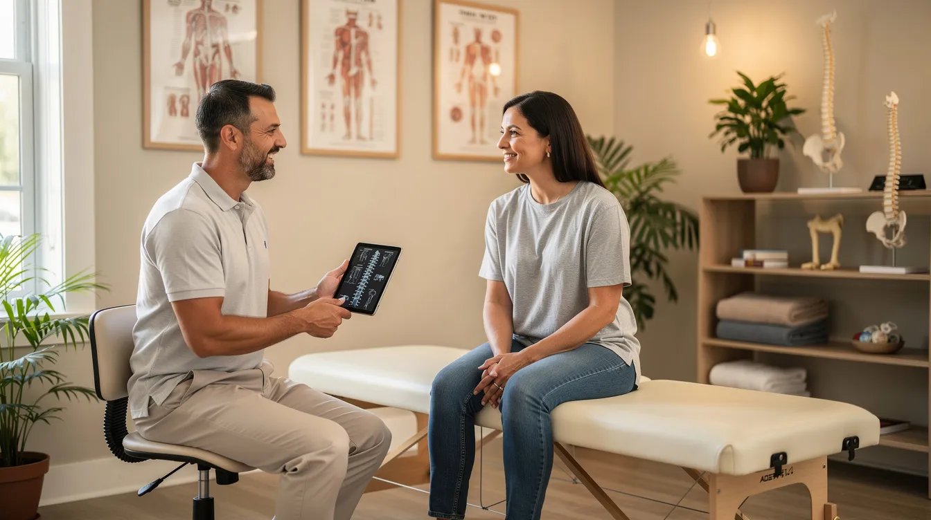 In a welcoming clinic environment, a chiropractor engages in a relaxed consultation with a patient, discussing their health history and treatment plan for issues like neck pain and muscle tightness. The scene highlights the importance of chiropractic care, emphasizing the connection between the nervous system and overall well-being.