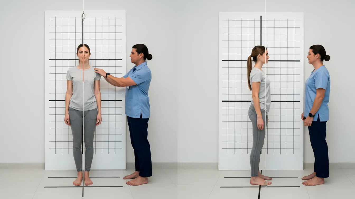 A chiropractor is assessing a patient's shoulder and hip levels using a posture grid with a plumb line, showcasing both front and side views to identify any postural imbalances. This professional evaluation is essential for restoring proper alignment and optimizing nervous system function, contributing to overall wellness and pain relief.