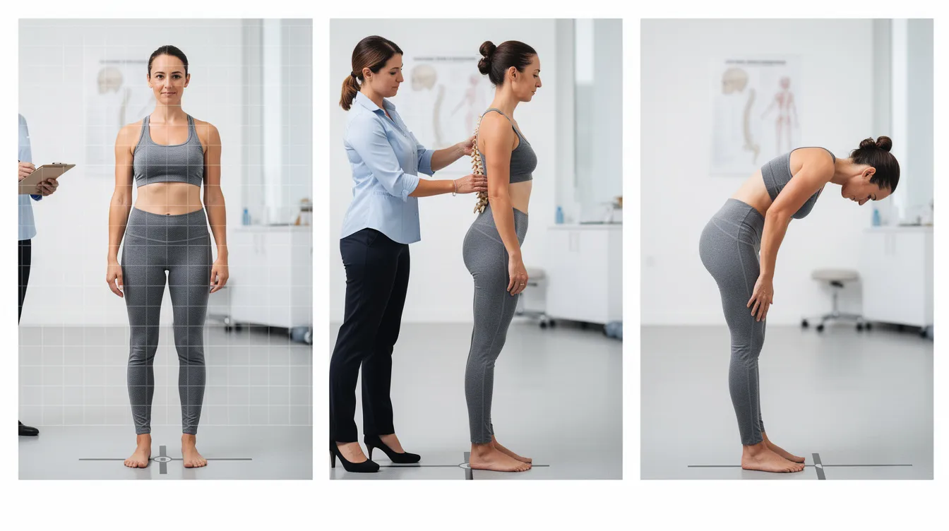 The image features three side-by-side photos showcasing a standing posture assessment from both the front and side views, hands-on spinal palpation of the mid-back, and a forward bend movement test. These assessments are essential for understanding spinal alignment and identifying potential issues related to back or neck pain, helping to optimize nervous system function and promote overall musculoskeletal health.