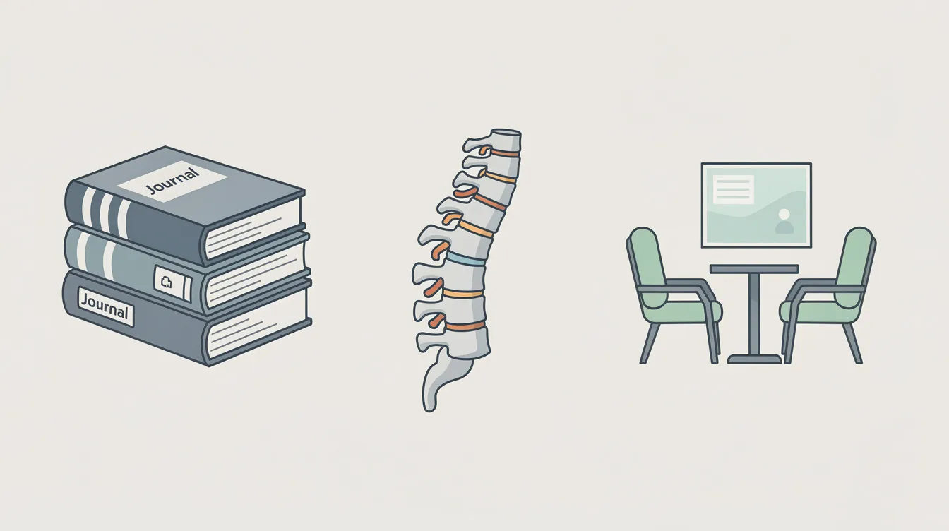 The image features a stylized graphic displaying icons that represent research journals, spine models, and a consultation room, highlighting the essential elements of chiropractic care. This visual emphasizes the importance of spinal manipulation and the role of chiropractors in addressing musculoskeletal disorders, joint pain, and overall patient health.