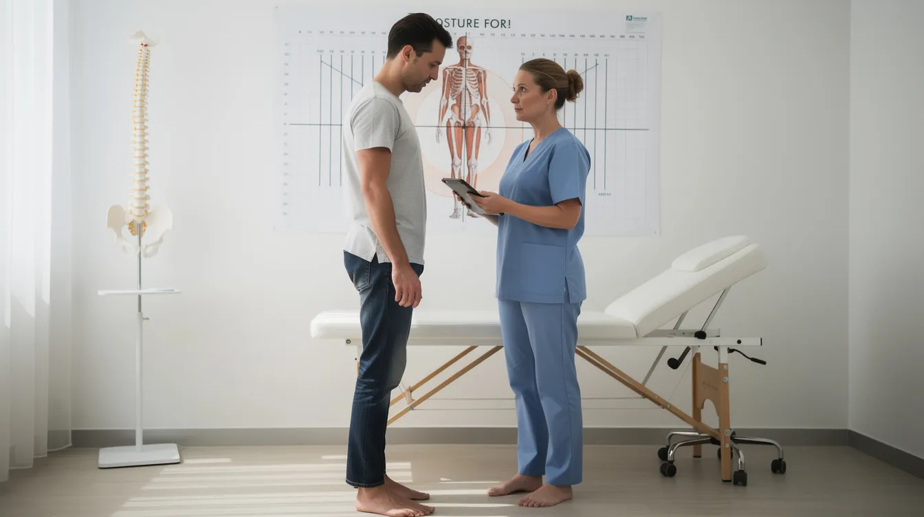 A chiropractor is observing a patient's side profile to assess their standing posture during an initial evaluation, focusing on spinal health and muscle tension. This assessment is a crucial step in providing appropriate health advice and ensuring optimal health through quality chiropractic care.