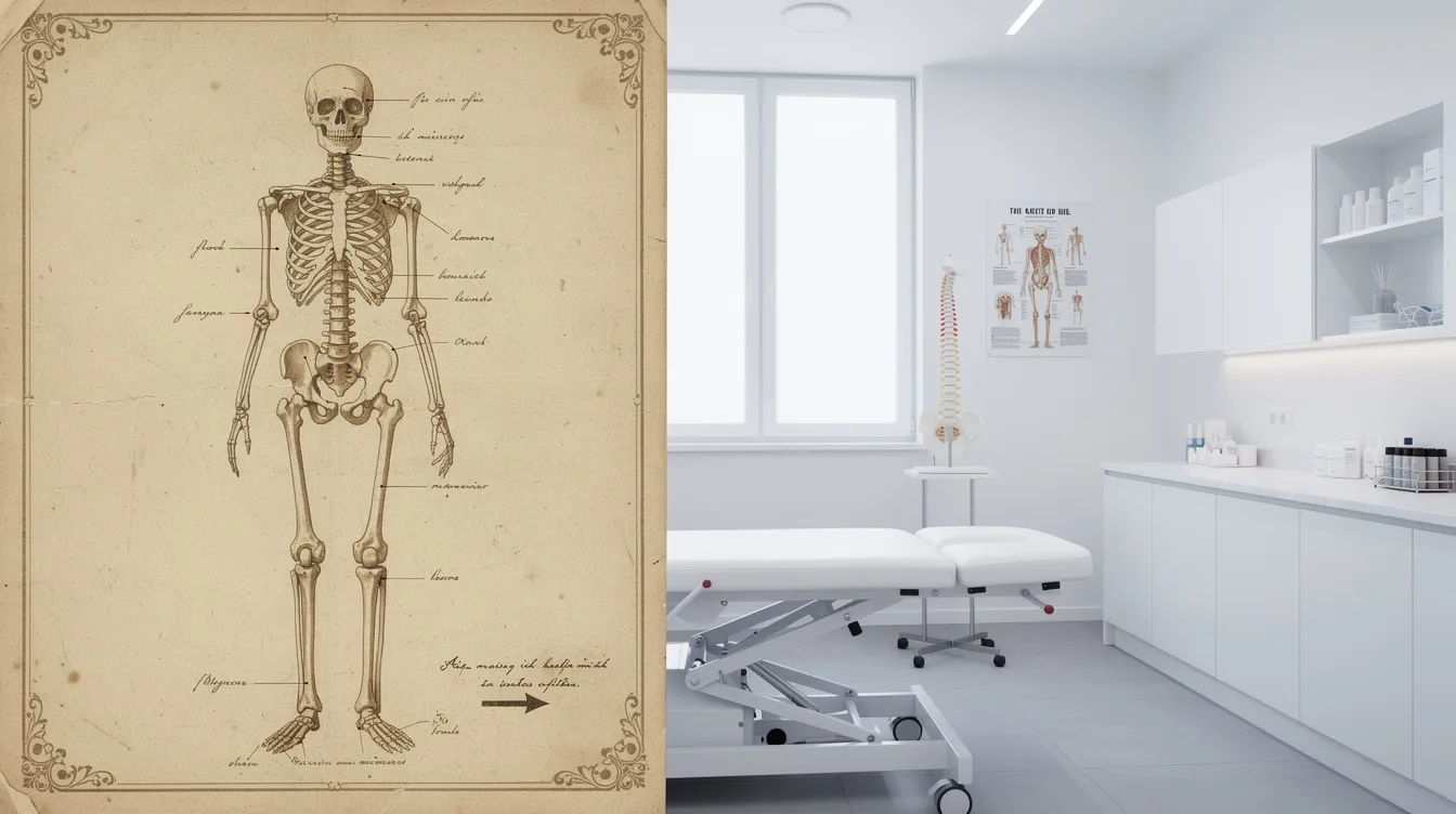 The image shows a side-by-side comparison of an early chiropractic illustration depicting spinal manipulation techniques and a modern clinical treatment room equipped for chiropractic care. The contemporary setting highlights advancements in diagnostics and treatment options for musculoskeletal pain, emphasizing the evolution of the chiropractic profession in addressing joint pain and improving overall health.