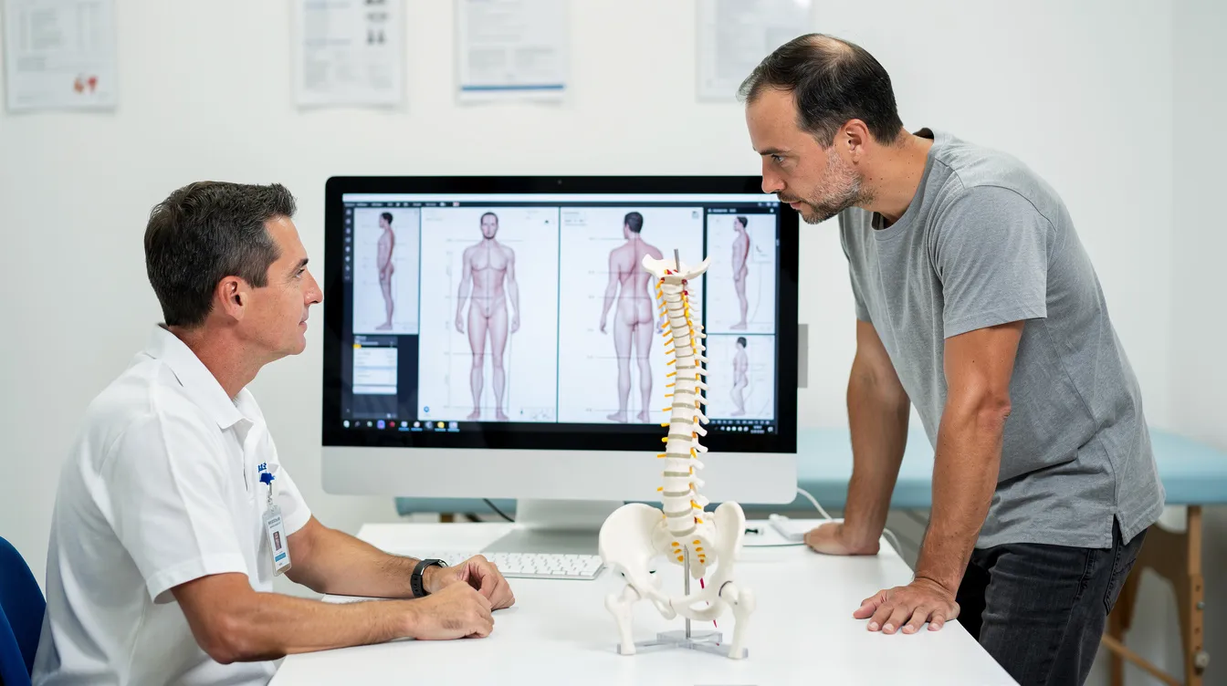 A chiropractor in Singapore is reviewing posture photographs on a screen while a patient observes, with a spine model placed on the desk between them. This scene highlights the importance of chiropractic assessments in understanding musculoskeletal pain and developing personalized chiropractic care plans.