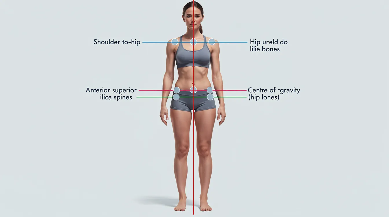 The image depicts a patient standing with anatomical markers placed on their hip bones, illustrating key alignment lines for shoulder-to-hip and center of gravity, which are essential for assessing proper spinal alignment and overall musculoskeletal health. This visual aids in understanding how chiropractic adjustments can help alleviate pain and restore proper joint function.